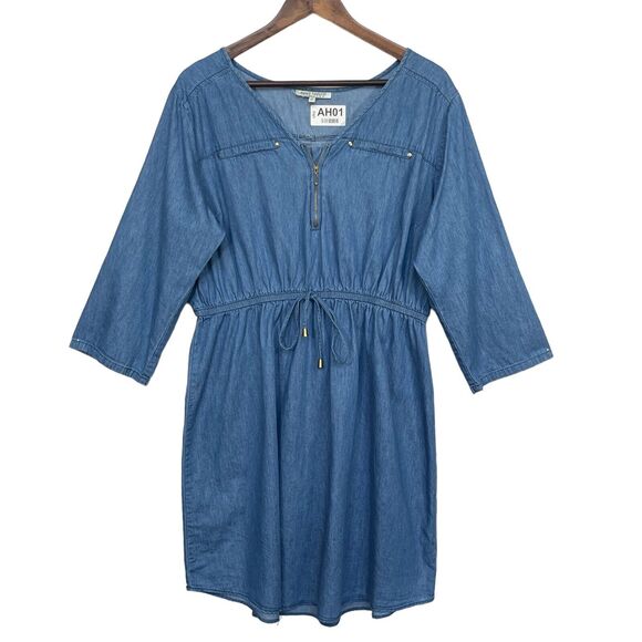 Speed Control Dress Women 1X Blue V Neck Cotton Pullover Roll Tab Sleeve Cinched - Picture 1 of 16